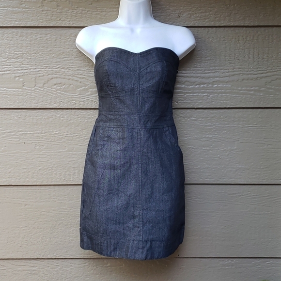 Denim Strapless Knee Length Dress - Picture 1 of 7